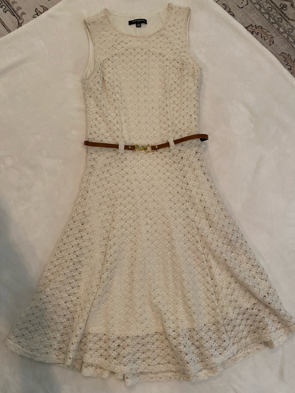 Sharagano Cream Lace Fit & Flare Dress with Brown Belt